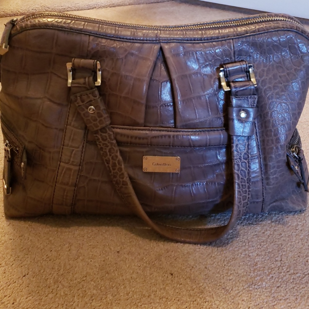 Calvin Klein large gray leather embossed handbag